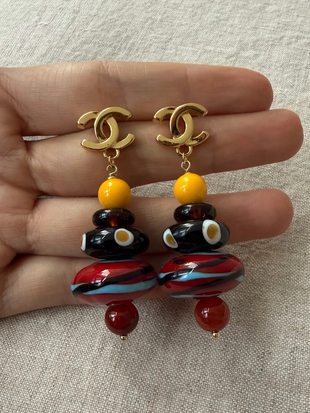 ❤️CHANEL Gold-Logo Drop Earrings with Red, Black, Yellow & Blue Beads✨